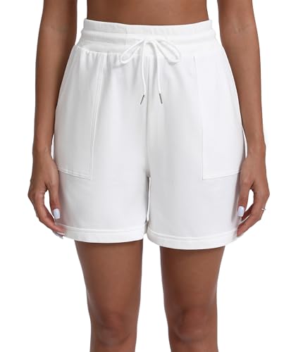 Pantalone Corto Mujer Short Algodón Deportivos con Cordón Pijamas Pantalon Corto Chándal Casual Interior Elástica Ajustable con Bolsillos Verano para Yoga Jogging Fitness Blanco M