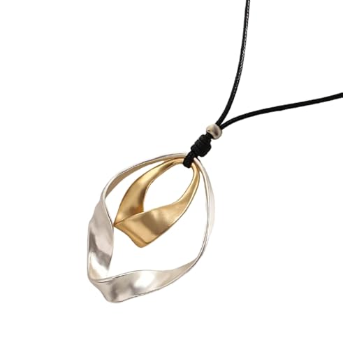 FUSHENGTER Collar Mujer Colgante Suéter Personalidad Collar Largo Vintage de Cuero Negro con diseño geométrico Irregular de Dos Tonos y círculos Dorados.