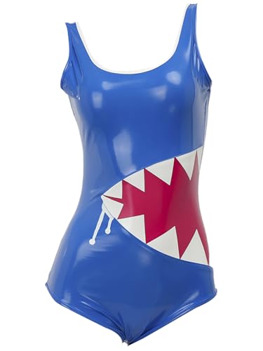 MSemis Einteiliger Damen-Badeanzug Anime Hai Bademode Ärmellos Schwimmanzug Rash Guard Surfanzug Glänzend Bodysuit Beachwear Blau XL
