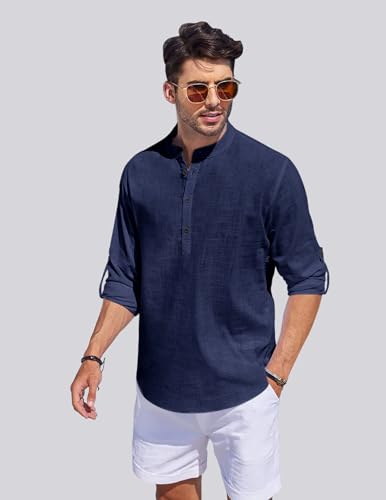 Image of Men's Cotton Blend Straight Kurta Shirt Combo with Mandarin Collar - Slim Fit Casual Short Kurti Set Featuring Textured Slub Fabric and Roll-Up Full Sleeves