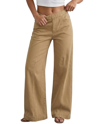 GRAPENT Pull On Womens Jeans Baggy Stretchy High Waisted Denim Wide Leg Trouser Pants Trendy Front Seam 90s Loose Jean