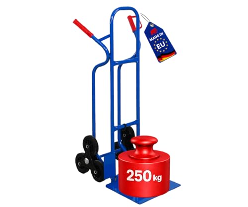 PROREGAL Treppensteiger Ragnar mit XXL klappbarer Schaufel | HxBxT 117x60x60cm | Tragkraft 250kg | 3 Hartgummi-Reifen | Stahlrahmen | Blau | Transportkarre Staplerkarre klappbar