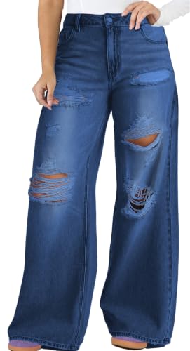 CuteCherry Women Baggy Ripped Jeans Destroyed Wide Leg Retro Denim Pants
