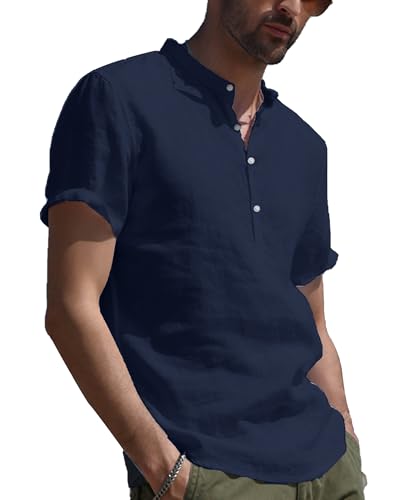 YAOBAOLE Herren Hemd Kurzarm Stehkragenhemd Leinenhemd Freizeithemd Henley...