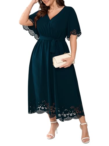 Womens Plus Size Wedding Guest Cocktail Dress Wrap V Neck A-Line Swing Maxi Dresses with Belt