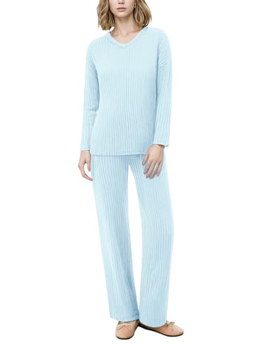 Pyjama femme col en V en tricot côtelé haut de gamme et pantalon à poches