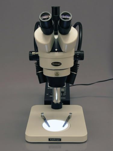 Image of AmScope SM-1TSW2-L6W Professional Trinocular Stereo Zoom Microscope, WH10x and WH25x Eyepieces, 3.5X-225X Magnification, 0.7X-4.5X Zoom Objective, 6W Dual-Gooseneck LED Light, Pillar Stand, 85V-265V, Includes 0.5X and 2.0X Barlow Lenses