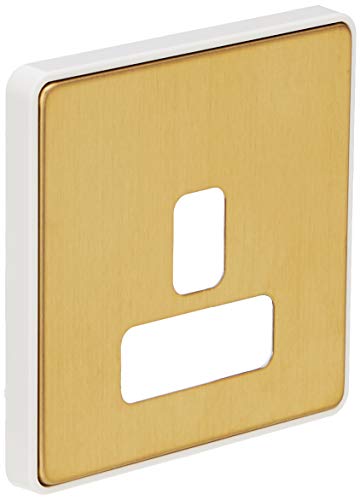 MK Dimensions 1 Gang 13A Dual Earth Socket Satin Brass Finish Frontplate with A White Trim, Satin Brass With White Insert