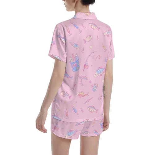 Image of Funny Pajamas for Women Set Print Satin Loungewear Pjs Short Sleeve Button Down Top and Shorts Sets Sleepwear XS-3XL