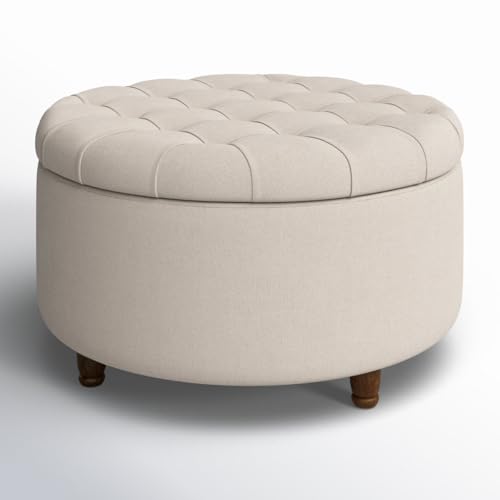 Image of Noelle 28 inch Ottoman with Storage | Ottoman Pouf Stool for Sitting and Footrest Stool for Makeup Cosmetic Laundry, Toys Storage Organizer Bin Bench Box Color Cream