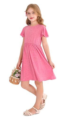 Girl's Summer Ruffle Short Sleeve Dresses Crew Neck Casual Sundresses with Pocket for Kid 6-14 Years