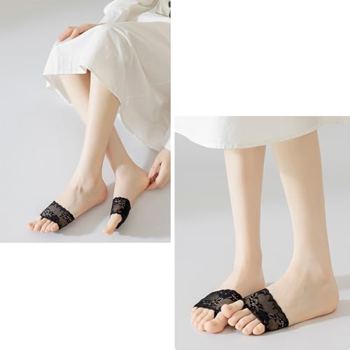 Image of DUNKOING 4 Pairs Lace Open Toe half Socks Womens Cushion Padded Toe Topper Socks for Heel Mule Sandals Clog 5-9 (lace, 2beige2black)