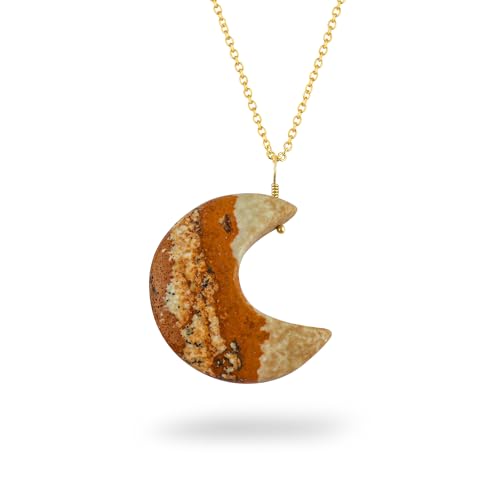 CRYSTALINES Natural Picture Jasper Gemstone Crescent Moon Pendant Necklace | Handmade Boho Spiritual Jewelry | Healing Crystal | Adjustable Gold Chain | Celestial Gift for Women | Size-18inches