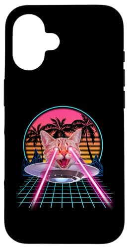 Laser Cat Eyes Kitten UFO Retro 80s Funny Cats Lovers Custodia per iPhone 16