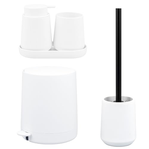 eluno Tesero - Juego de accesorios de baño con superficie suave al tacto, juego de 5 piezas, dispensador de jabón, vaso, cuenco, cubo de cosméticos, escobilla para baño y aseo de invitados, de