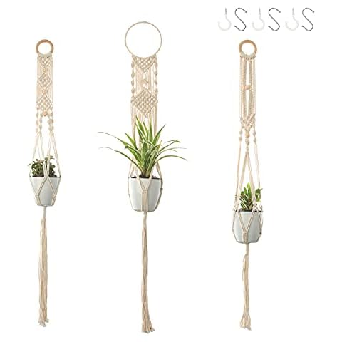 BONTHEE Macrame Hanging Basket Macrame Plant Holder Flower Pot Hanger with Wooden Beads Macrame Plant Hanger with 6 Hooks (Set of 3) Cover
