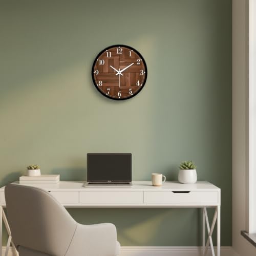Image of Classic Parquet Wooden Pattern Wall Clock for Living Room Decor | Round Analog Silent Non-Ticking Clock with Black Frame | Modern Farmhouse Wood Grain Watch for Bedroom, Office & Kitchen