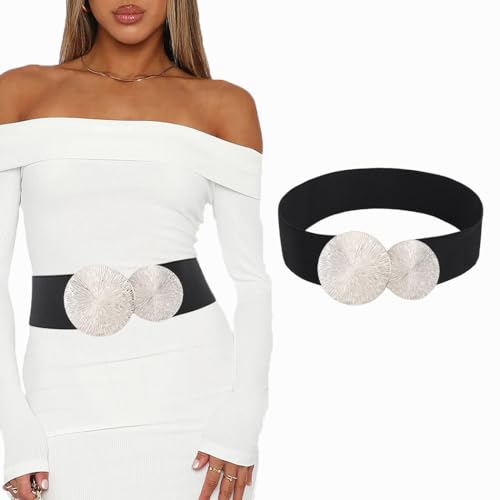 Bounzhi Women Wide Elastic Stretchy Belt Waist Belt Vintage Waistband Circle Buckle Dresses Belt for Ladies