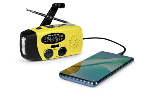 Radio FM Solaire Portable RT260,eclairage LED, Bouton SOS Alarme,Dynamo pour Recharge Manuelle, Recharge USB Batterie 2000 mAh, Charge d'appoint Smartphone (Jaune)