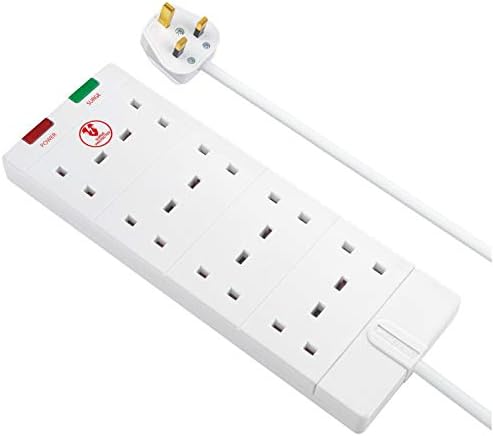 Masterplug Eight Socket Surge Protected Extension Lead, 2 Metres, 27 x 10 cm, White