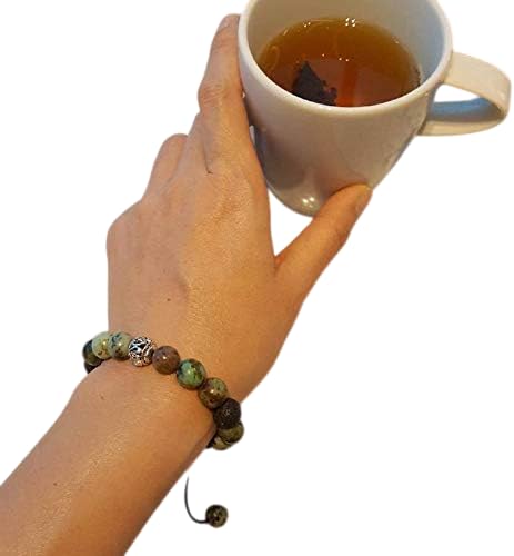 Beaded Bracelet - African Turquoise with Lava Rock - Blue Stone - Black Hematite - Sterling Silver Charm - Handmade Bangle - Cuff - Unisex - Adjustable - Stretchy - Essential Oil Diffuser - Aromatherapy - Aroma Jewelry - Everyday - Gifts for Men - Womens Gift(10mm African Turquoise+Sterling Silver)