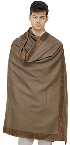 Exotic India Plain Men's Shawl with Brown Woven Border - Color Otter Brown