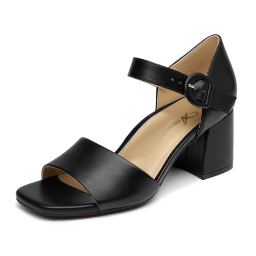 Athlefit Women's Orthopedic Arch Support Chunky Low Heels Orthotic Comfortable Ankle Strap Open Toe Black Heels for Office Teachers Standing All Day Size 9