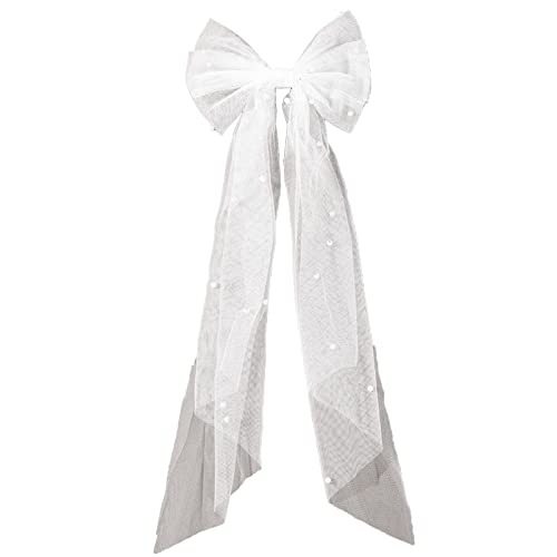 aoozleny Bridal Hair Bow Veil Hair Clip,Veil Hairpins with Pearl Mesh Bow Hair Clips (White)