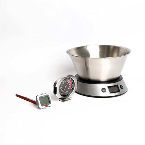 Taylor Set of Gift-Boxed Pro Weighing Bowl Dual Digital Kitchen Scale 5kg, Pro Stainless Steel Oven Thermometer, Pro Pivoting Display Stem Thermometer