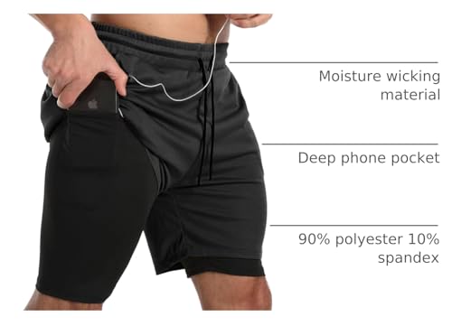 JWJ Men's Running Athletic Workout Sports Mens 2 in 1 Shorts Breathable Gym Short for Men with Pocket, Black Large