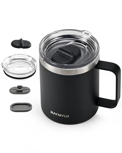 RAYMYLO Insulated Coffee Mug 12 oz, Spill-Proof & Detachable Slider Lid for Thorough Clean, Double Wall Stainless Steel Coffee Mug with Lids & Handle, Cold for 9 Hrs, Suitable for Camp Home Office