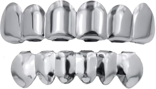 YOSZO 18K Gold Plated Gold Finish 6 Top Teeth 6 Bottom Tooth Hip Hop Teeth Grillz + 2 Molding Bars for Men and Women (Silver)