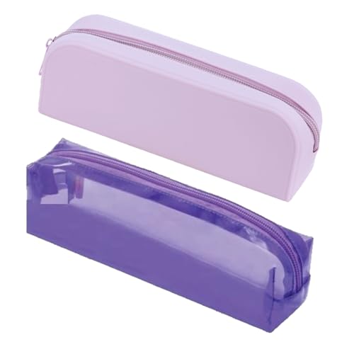 Kit com 2 Estojos Escolares, 1 Silicone Soft Impermeável 20x7cm e 1 Cristal Transparente 22x5cm, Cores Pastel e Neon (Lilas Pastel e Roxo Neon)