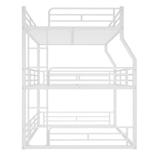 Image of Full Over Queen Over Queen Bunk Bed with Safety Guardrails, Modern Metal Triple Bed Frame for Kids, No Box Spring Required, White
