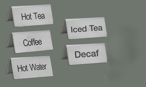 LeRose Stainless Steel Tent Signs ~ Set of 5 ~"Coffee","Decaf", Hot Water","Hot Tea","Iced Tea" ~ 3" x 1-1/2" Beverage Table Display Tent Signs