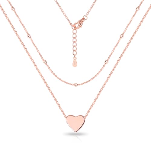 ALEXCRAFT Ketten Roségold Halskette für Damen, 14K Echte Vergoldet Roségold Stapelbare Doppel Layering Ketten Halsketten mit Herz Anhänger Multi Layered Boho Schmuck für Damen Frauen
