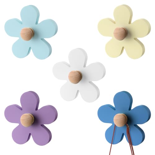 AceOrbit 5 Pcs Daisy Wall Hooks Wood, Light Color