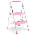 SocTone 2 Step Ladder, Folding Step Stool with Handle, Wide Anti-Slip Pedal, Lightweight, Multi-Use for Household and Office, 500lbs Capacity Sturdy Steel Ladder, Pink