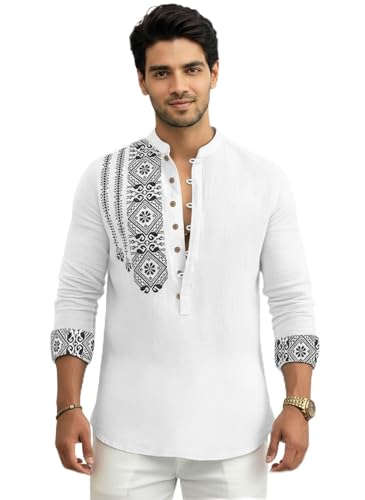 Image of Amazon Brand - INKAST Men's Cotton Blend Mandarin Collar Self One Design Full Sleeve Casual Short Kurta