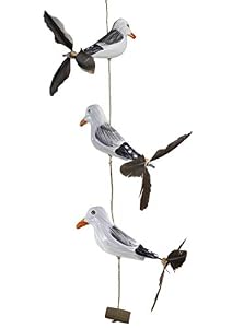 Maritime Holz M&ouml;wen Deko, 3 V&ouml;gel mit Feder-Propeller, Handarbeit | Geschenk-Windspiel