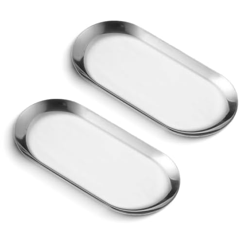HZQZaoan 2Pcs Stainless Steel Organizer Tray Set - 7-Inch Jewelry Dish, Vanity Cosmetic Tray, Decorative Holder for Accessories and Counter Display (Silver)