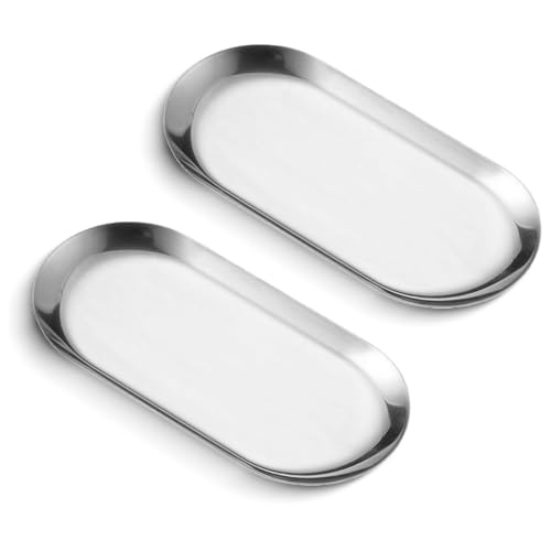 HZQZaoan 2Pcs Stainless Steel Organizer Tray Set - 7-Inch Jewelry Dish, Vanity Cosmetic Tray, Decorative Holder for Accessories and Counter Display (Silver)