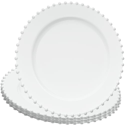 PLASTICPRO White Plastic Charger Plates with Beaded Edge Pack of 8 13 Elegant Round Disposable Chargers for Weddings Events Parties and Dinners