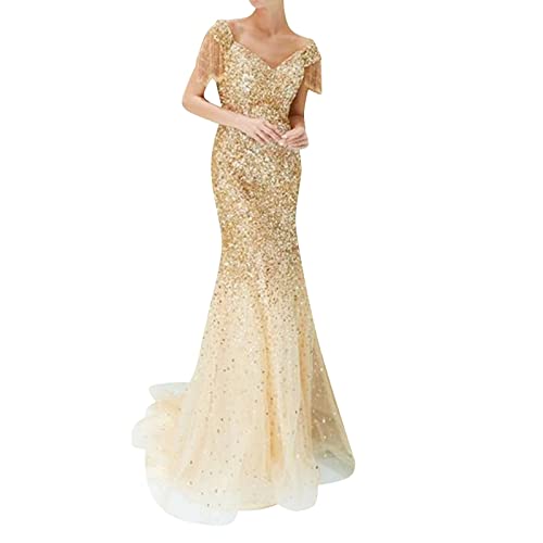 Tüllkleid Damen Lang Tüllkleider für Damen Gold Tüll Kleid Maxikleid Tulle Dress V Ausschnitt Glitzer Abendkleid Ballkleider Partykleid...