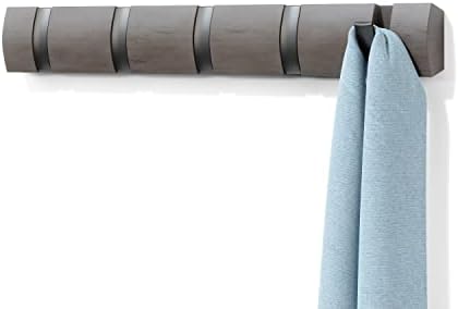 Umbra Flip 5-Hook Wall Mounted Coat Rack, Modern, Sleek, Space-Saving Coat Hanger with 5 Retractable Hooks to Hang Coats, Scarfs, Purses and More, Grey Pewter