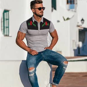 Coofandy Mens Flower Polo Shirts Vintage Print Casual Tee Shirts For Summer (Large, Gray) #TOP1
