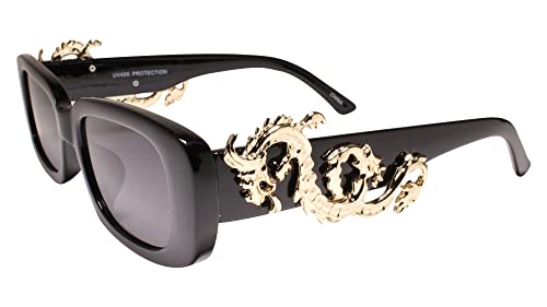 Rectangular Frame w/Gold Metal Dragon Accent Vintage Rectangle Black Sunglasses2