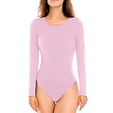 Walifrey Crew Neck Long Sleeve Bodysuit for Women Soft Stretchy Basic Shirts Bodysuits Tops Pink L