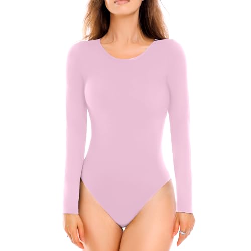Walifrey Crew Neck Long Sleeve Bodysuit for Women Soft Stretchy Basic Shirts Bodysuits Tops Pink M