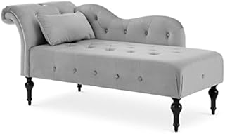 Bravich Velvet Fabric Light Grey Chaise Lounge Chair-One Piece Chesterfield Left Hand Side Long Sofa Seater For Living Room Furniture Decor. Wooden Legs With Rolled Arm Rest & Small Cushion-Light Grey